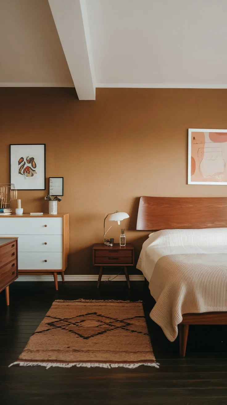 A mid-century bedroom's simple elegance shines through its warm wood, neutral palette, and soft lighting.