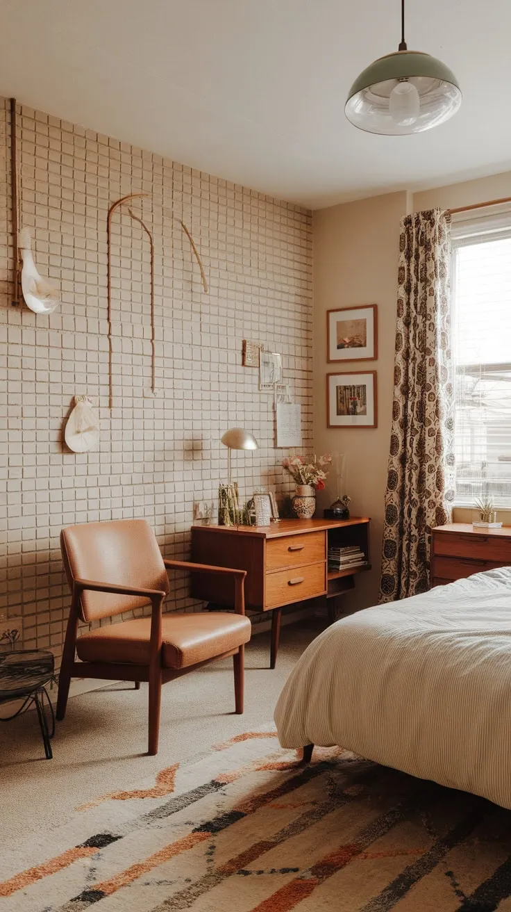 Step back in time to a stylish London mid-century modern bedroom, radiating 1950s charm