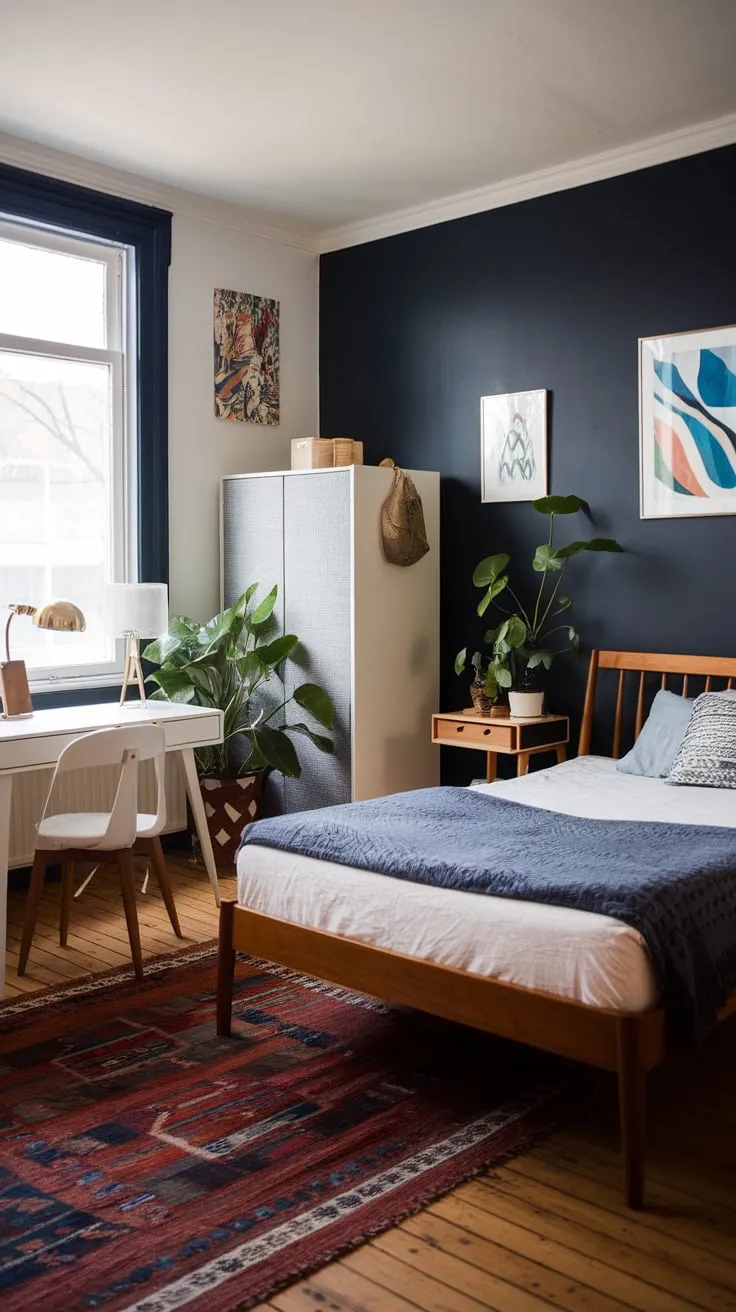 Mid-century modern style shines in this bedroom featuring a navy wall, white furniture, and curated artwork for a sophisticated retreat.