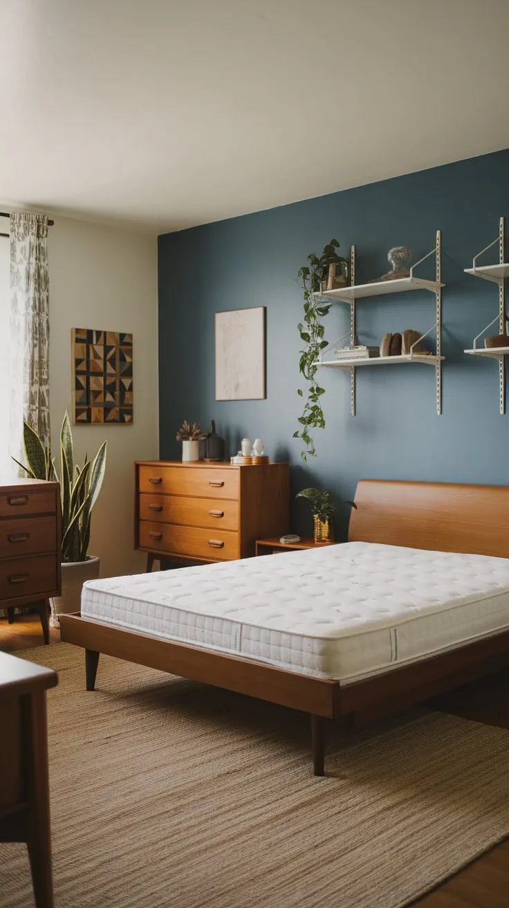 Soft lighting illuminates a serene mid-century modern bedroom featuring a wooden platform bed, blue accent wall, and tasteful decor.