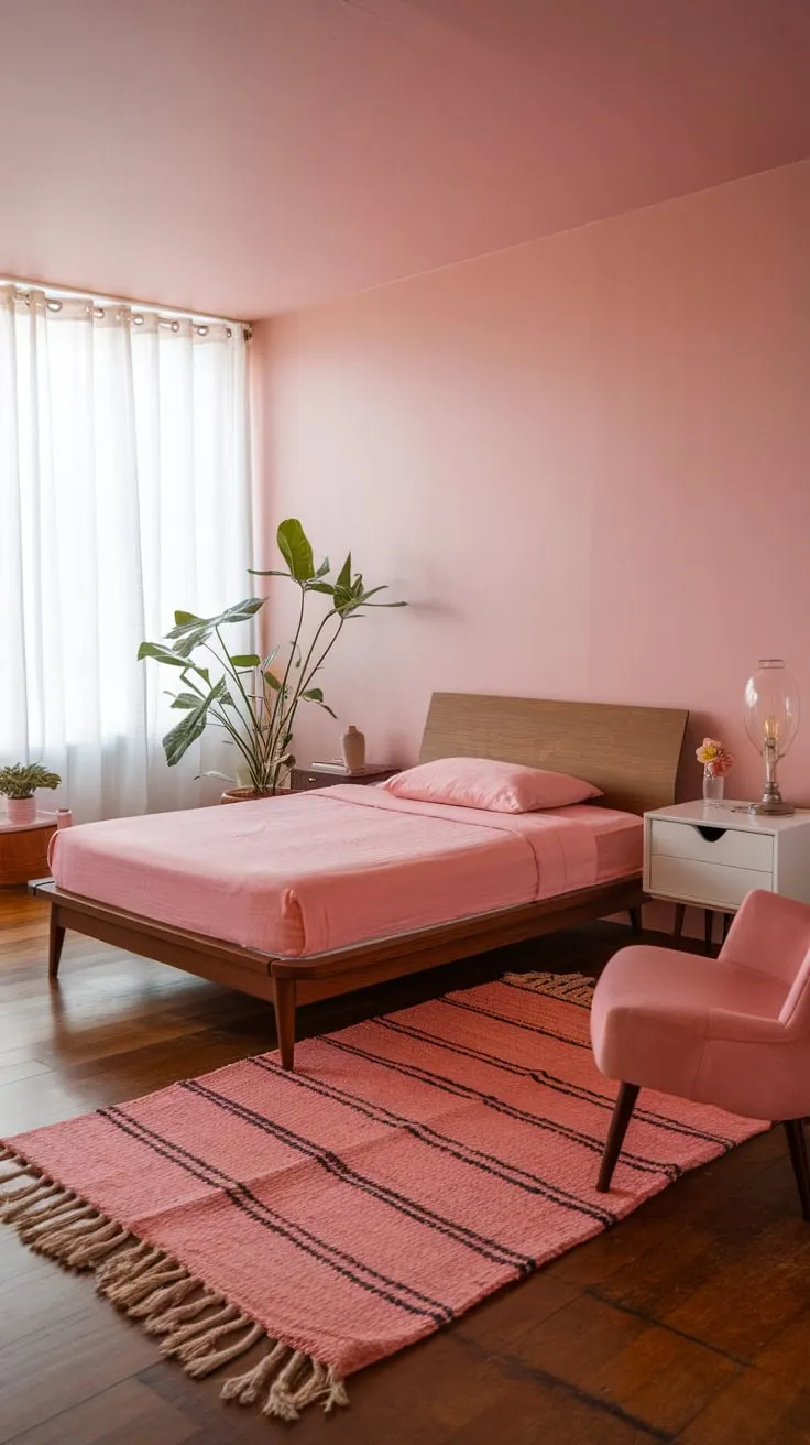 Soft pink walls and mid-century modern furniture create a serene and stylish bedroom retreat