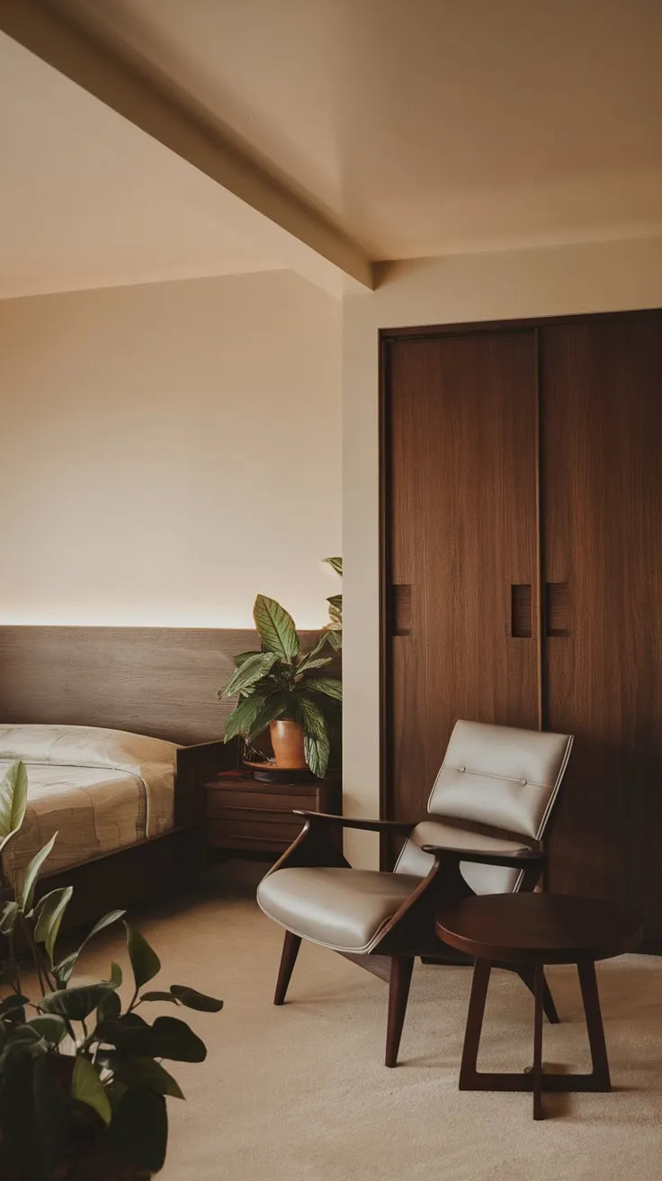 Warm lighting illuminates a cozy mid-century modern bedroom featuring a dark wood headboard, built-in wardrobe, and potted plants