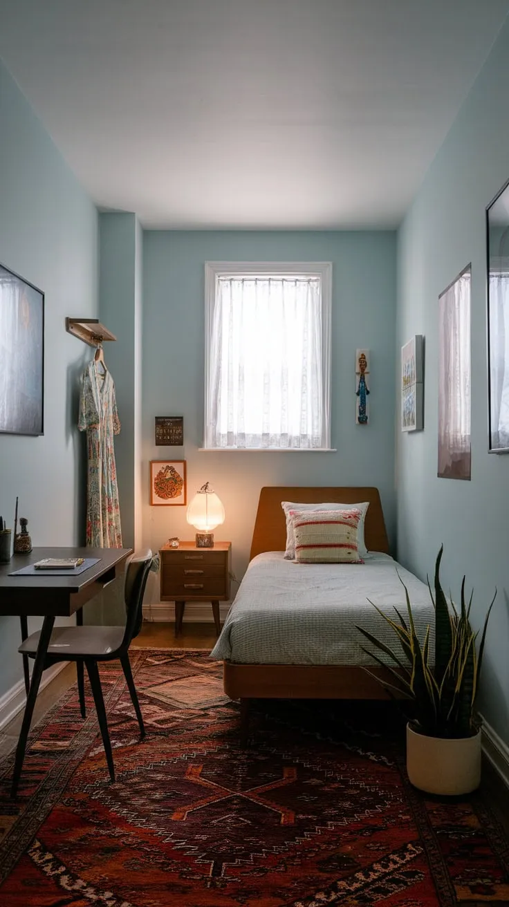 A serene mid-century modern twin bedroom, bathed in light blue, showcases vintage style with a patterned rug, potted plant, and thoughtful artwork.