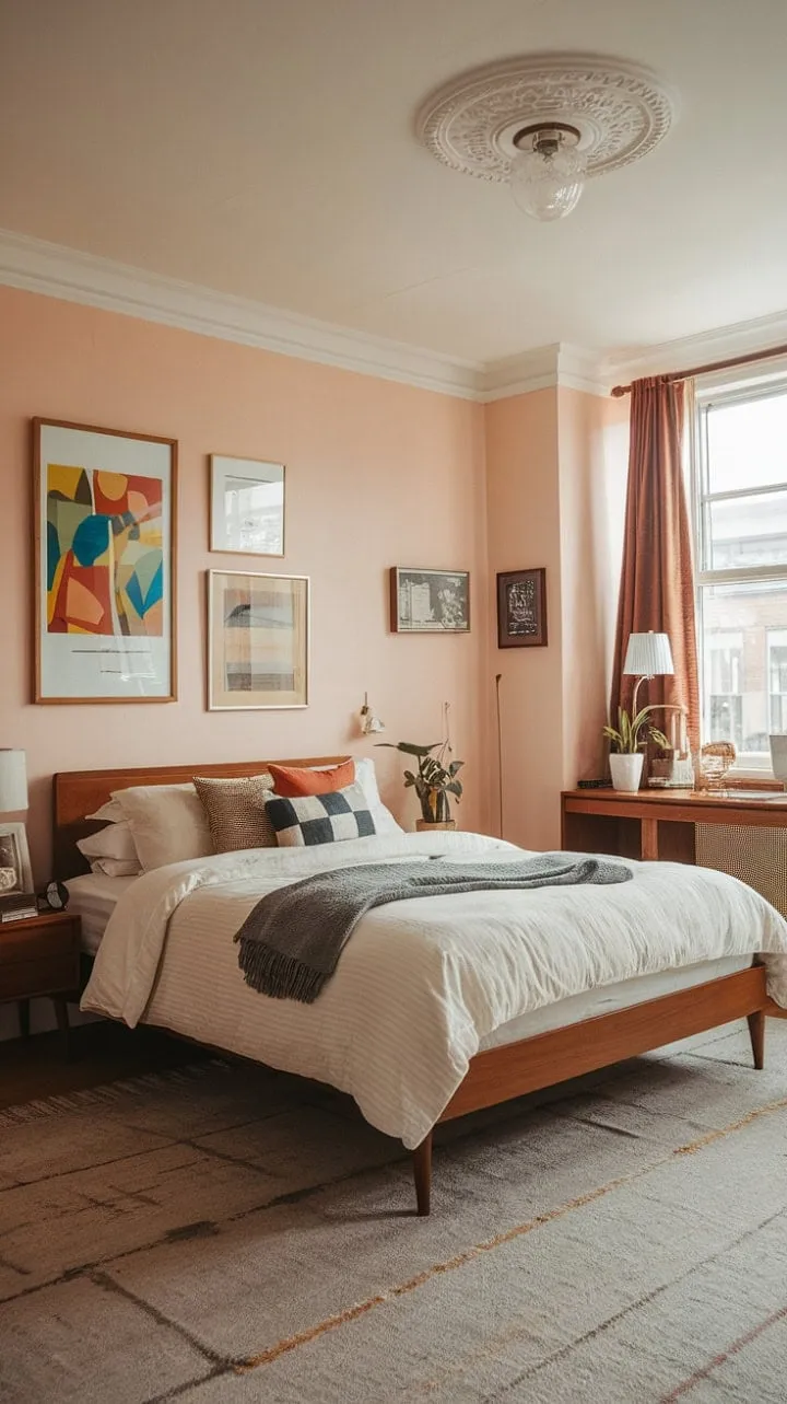 Bathed in sunset hues, this mid-century modern bedroom elegantly marries vintage charm with contemporary comfort, creating a serene sanctuary steeped in timeless design.