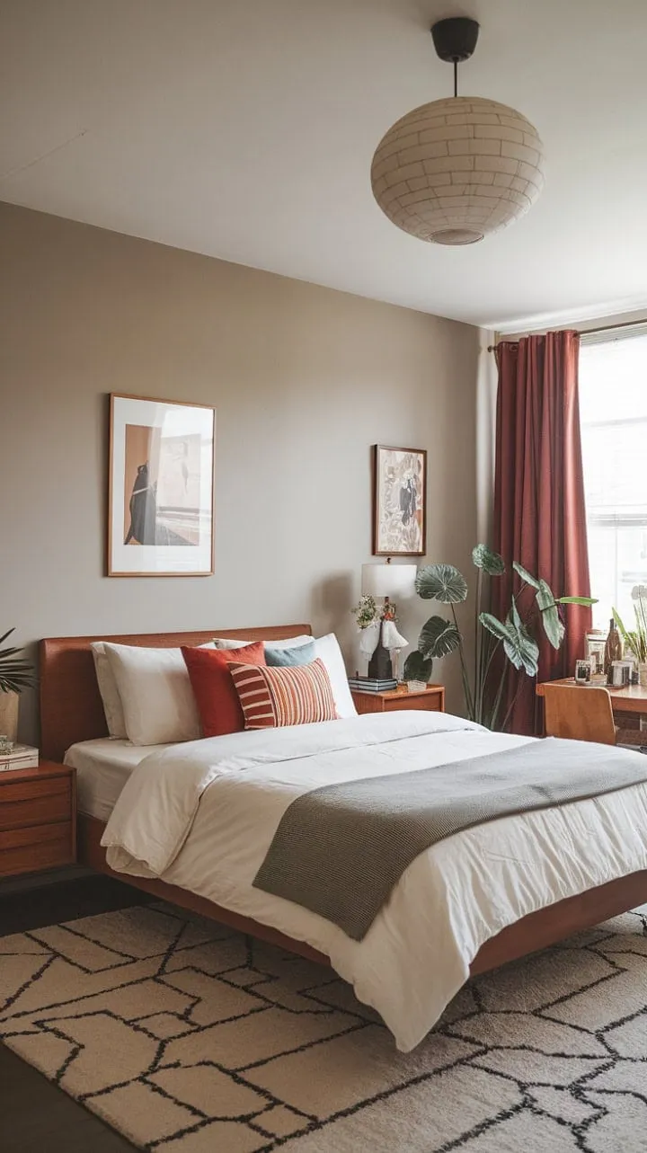This mid-century sanctuary elegantly blends atomic age sophistication with modern tranquility, showcasing timeless design and curated details that evoke a serene charm.