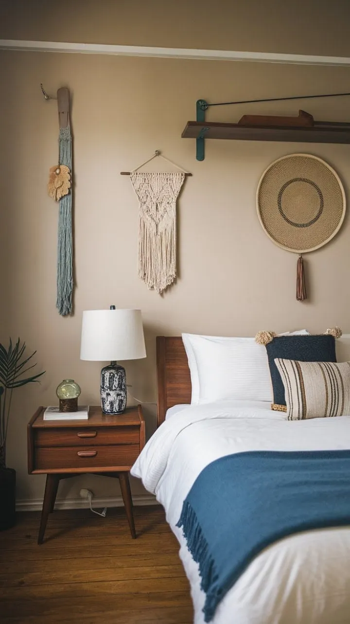 Discover a tranquil retreat where mid-century charm harmonizes with modern minimalism, enveloped in soft blues and warm woods for an elegant escape.