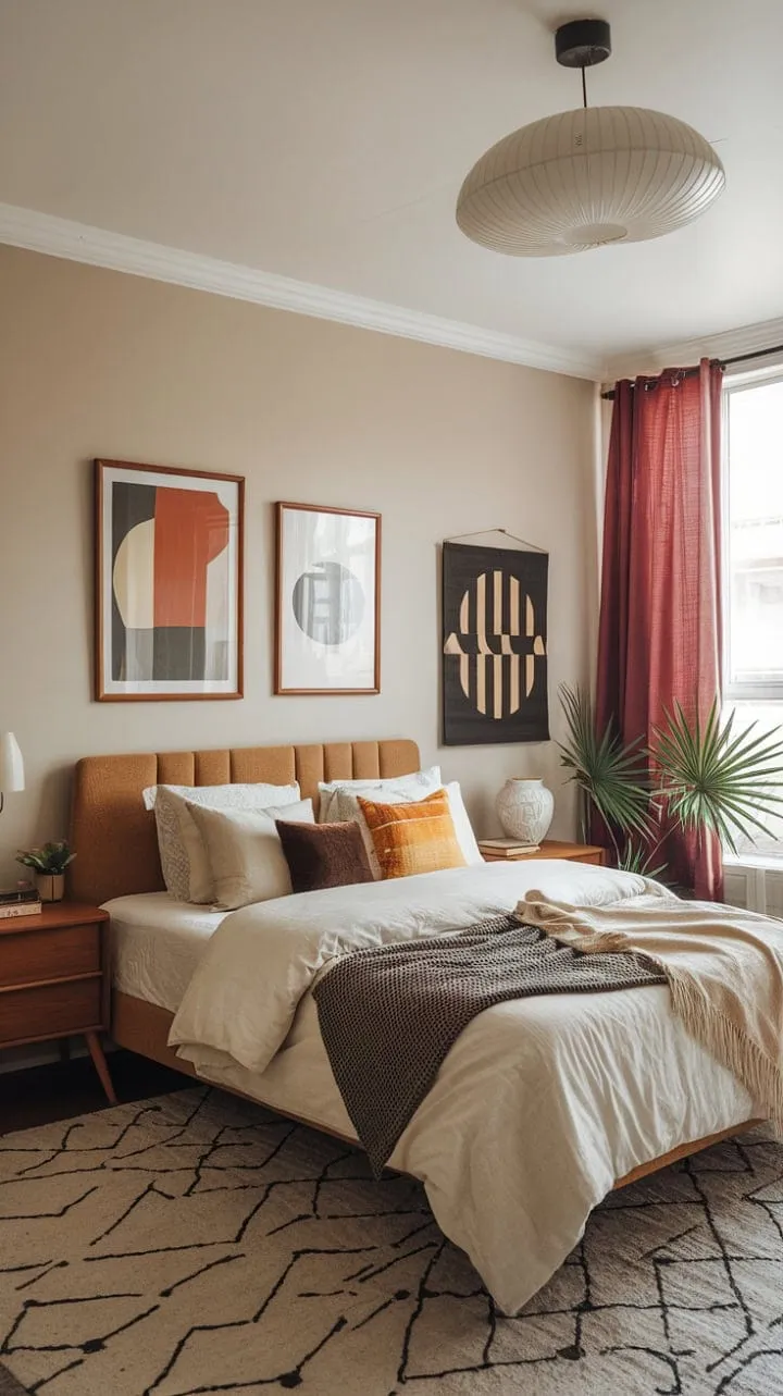This apartment masterfully fuses mid-century charm with modern comfort, showcasing a harmonious blend of color, texture, and iconic design.