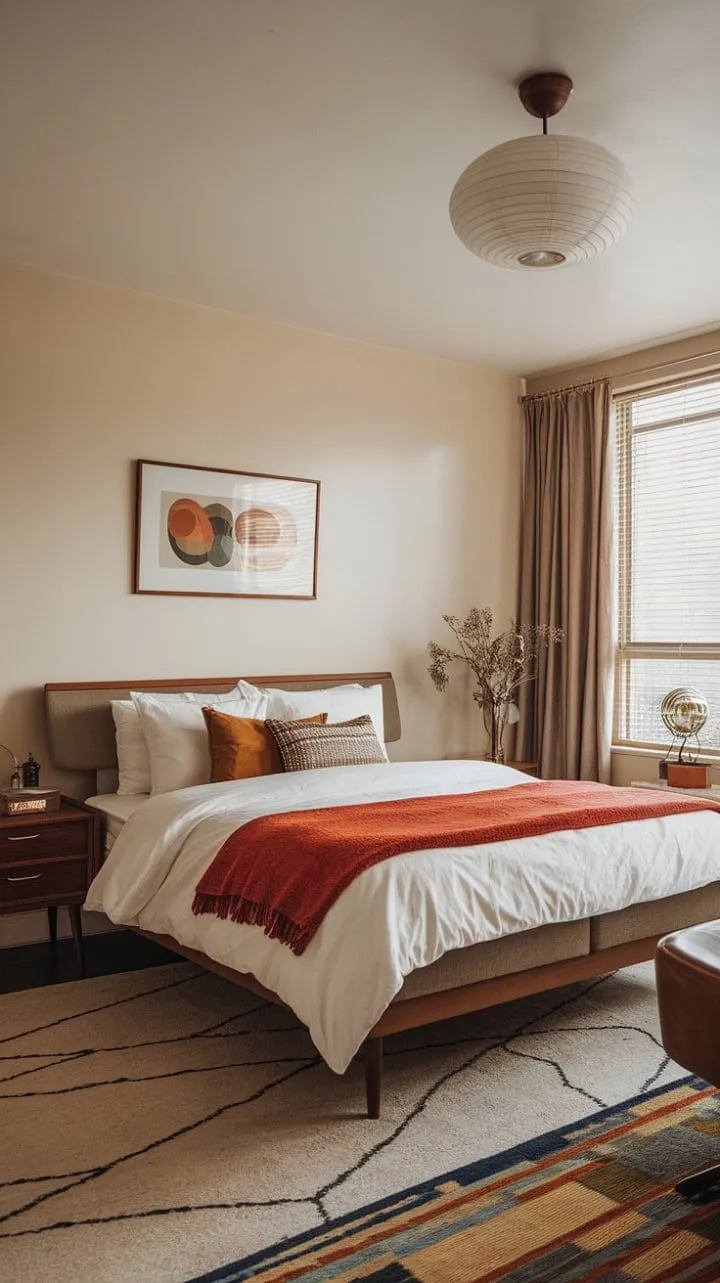 This stunning mid-century modern bedroom masterfully fuses 1950s design with contemporary flair, creating an effortlessly chic sanctuary of style and comfort.