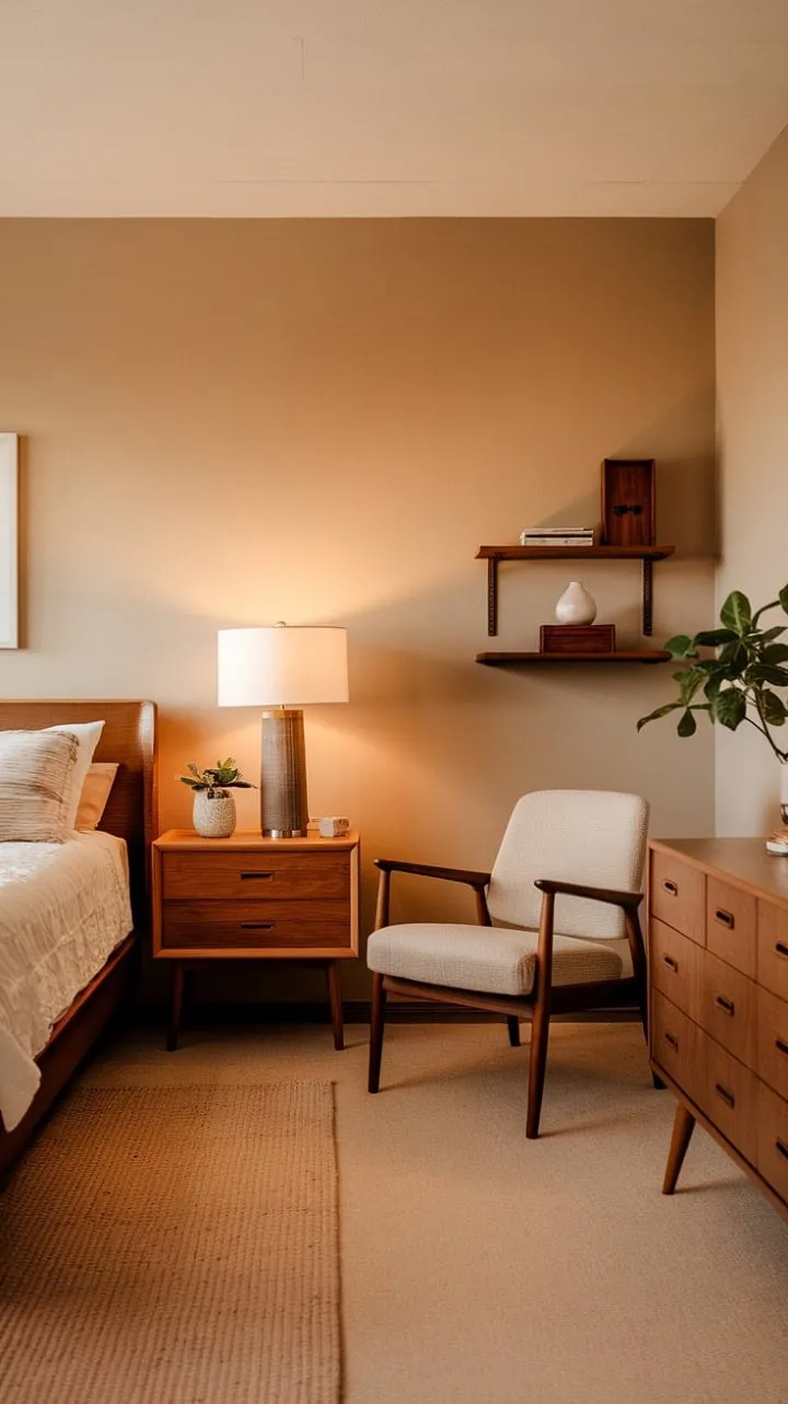 This mid-century modern bedroom harmoniously combines classic design with contemporary comfort, creating a tranquil sanctuary of understated elegance.