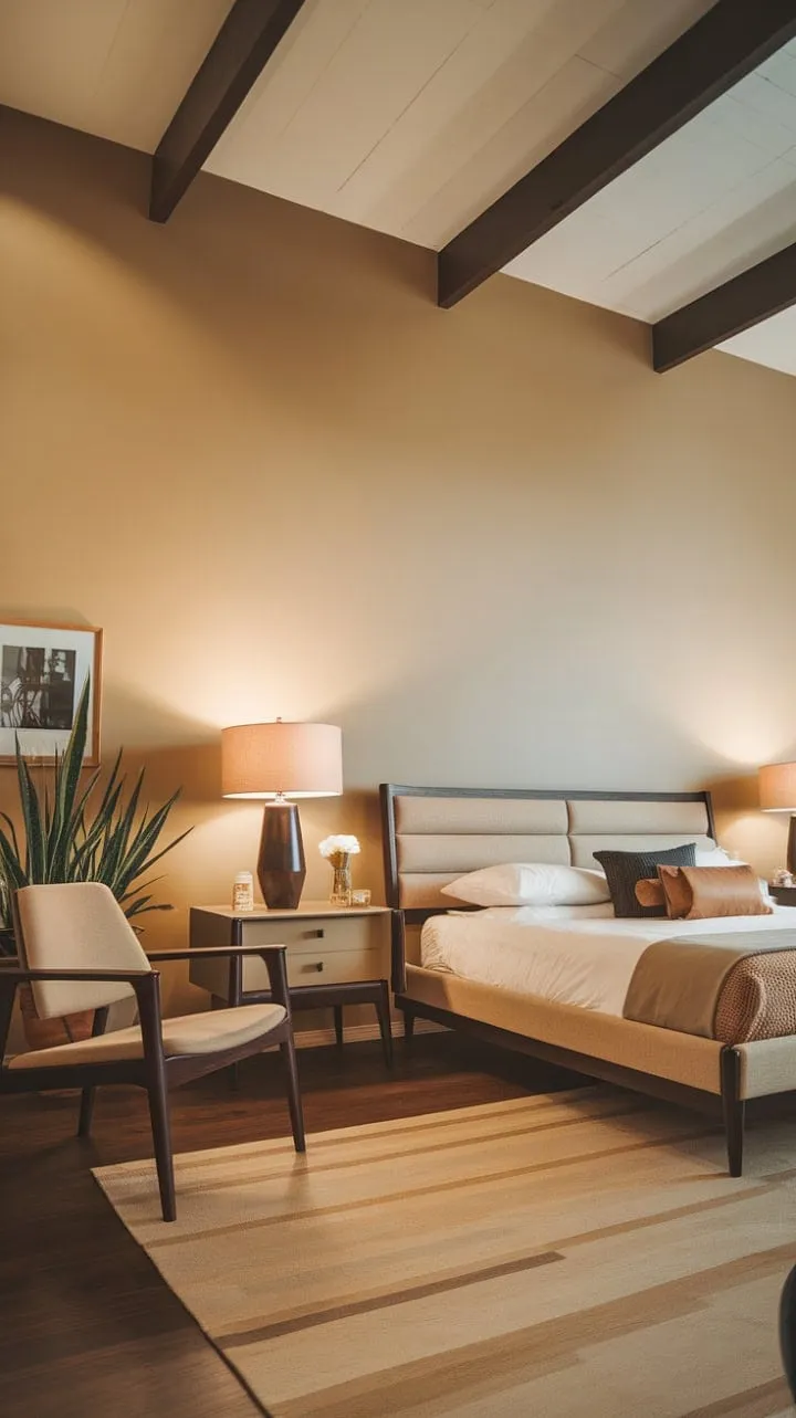 This mid-century modern sanctuary exudes quiet sophistication through its rich dark wood and soft beige palette, showcasing elegant lines and thoughtfully curated details.