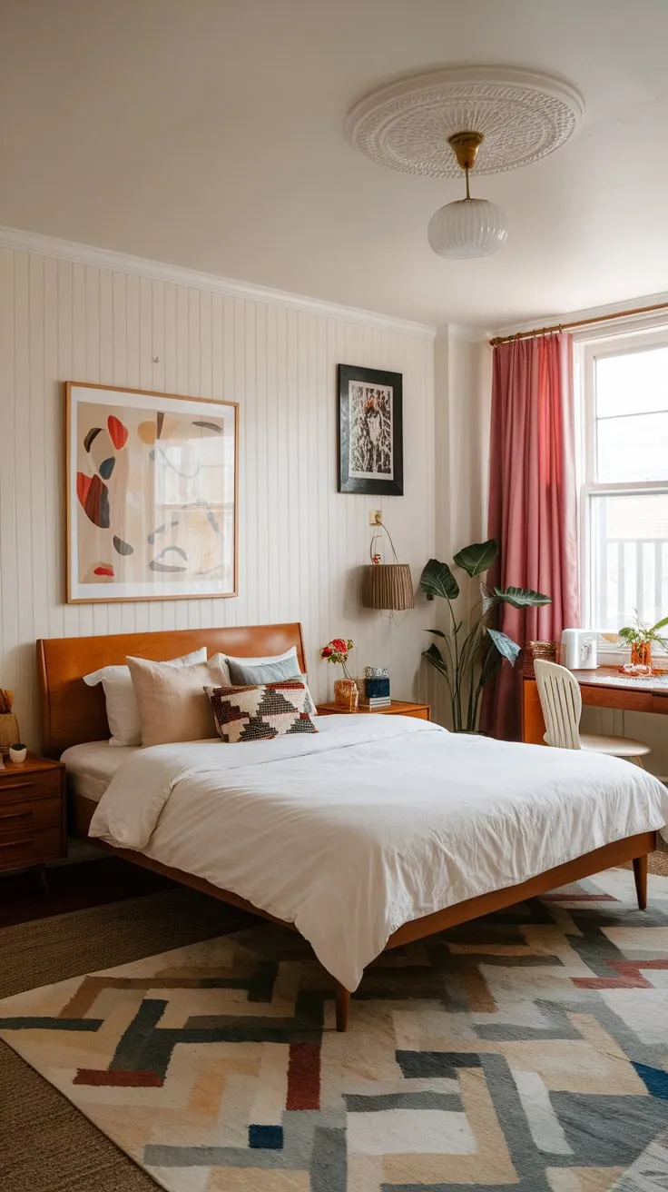 Step into a dreamy mid-century modern bedroom, blending 1950s style with a futuristic London flair
