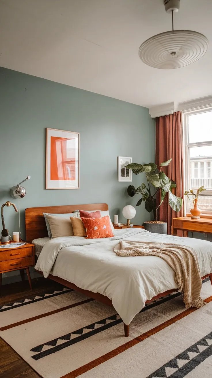 This mid-century bedroom evokes a sophisticated 1950s apartment aesthetic, a perfect blend of vintage and modern design.
