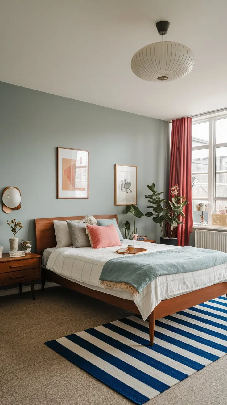 A mid-century modern bedroom evokes a stylish 1950s London apartment, a perfect blend of retro and futuristic design.
