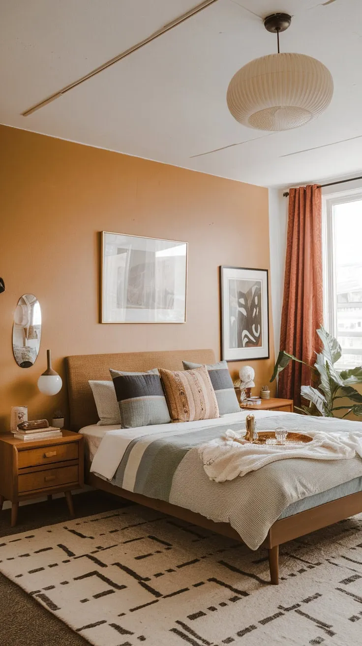 Step into a dreamy mid-century modern bedroom, perfectly capturing the stylish spirit of the 1950s