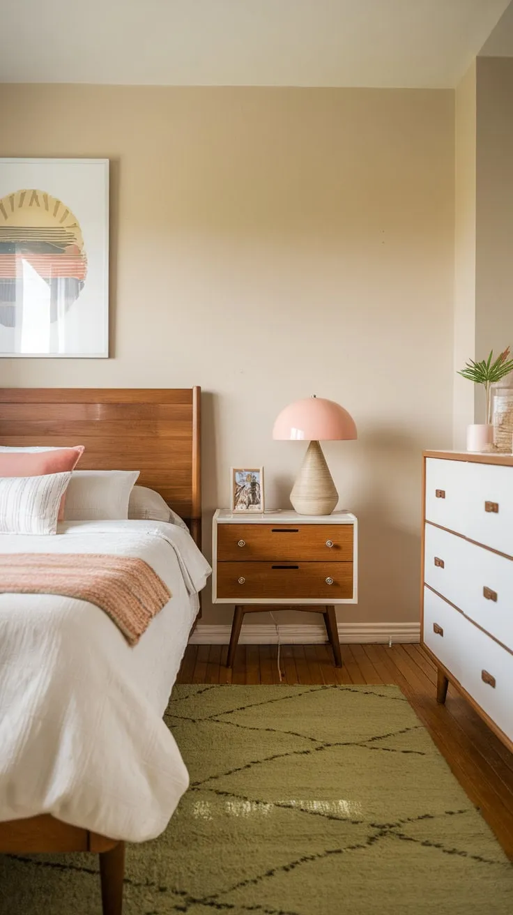 Warm beige walls, a wooden bed, and a pop of pink create a serene mid-century modern bedroom retreat