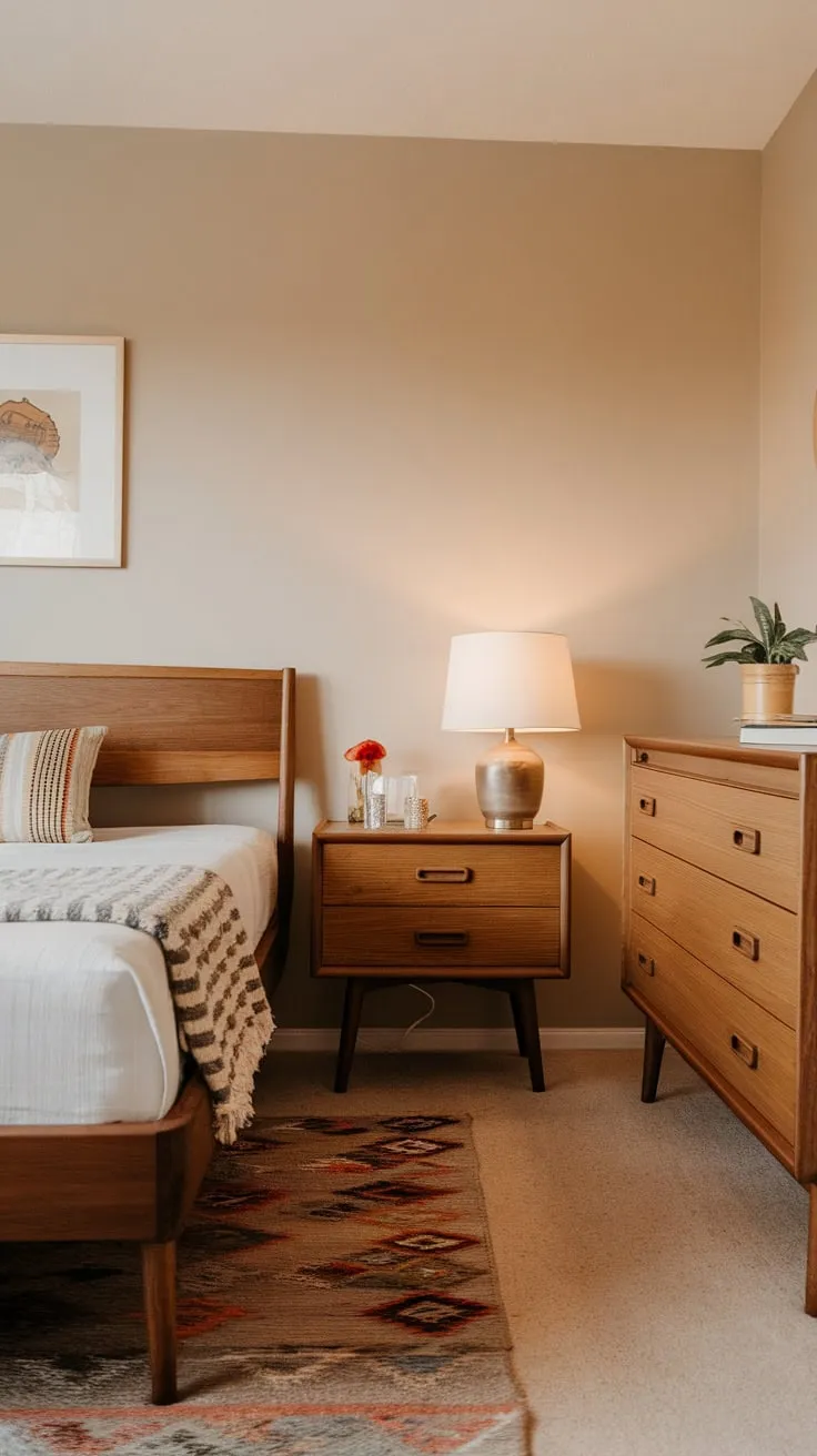 Warm beige walls complement the clean lines of a mid-century modern bedroom set, creating a serene and stylish space