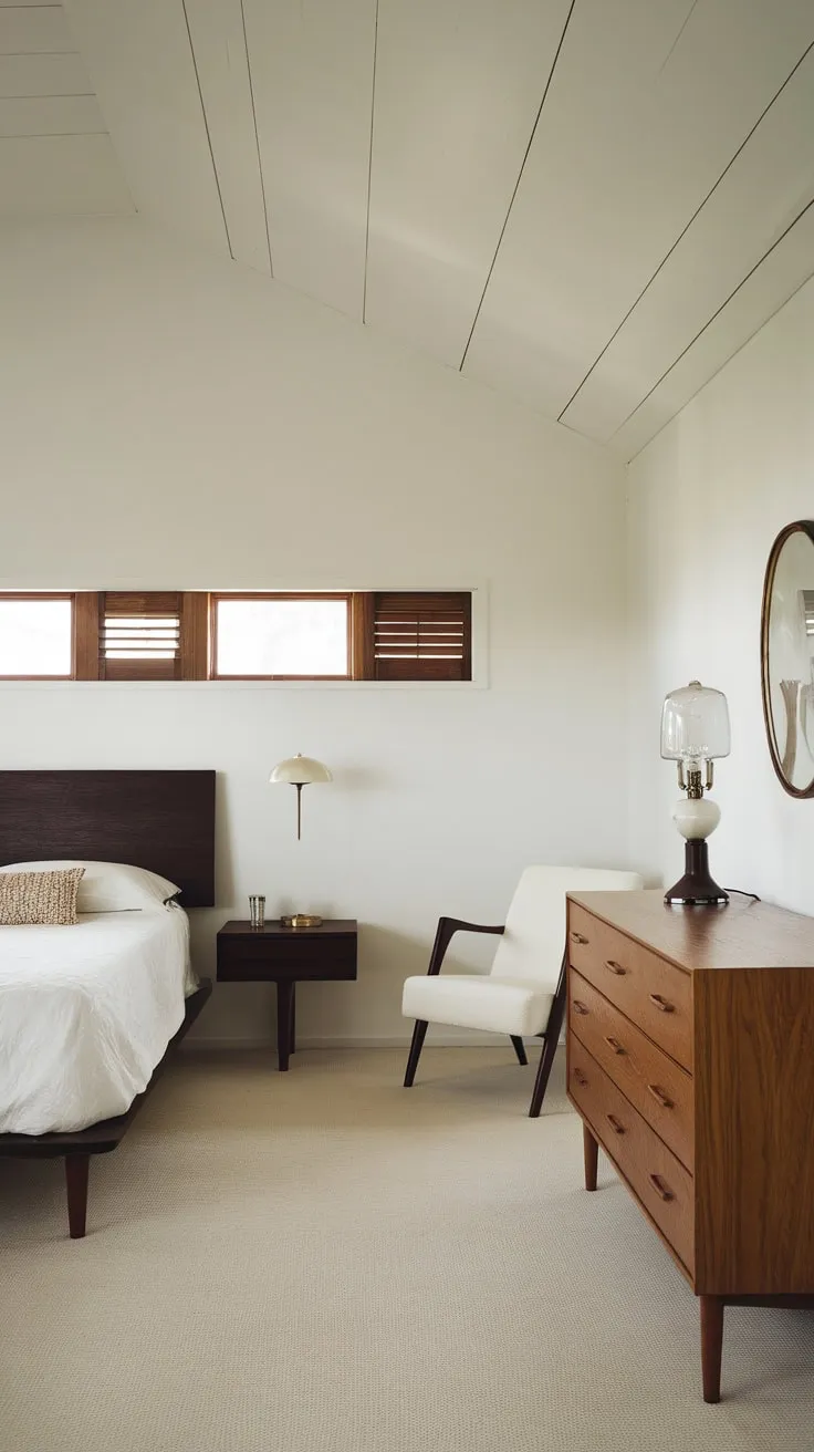 A low-ceilinged mid-century modern haven boasts a dark wood headboard, light wood dresser, and vintage details, creating a calm and minimalist space.