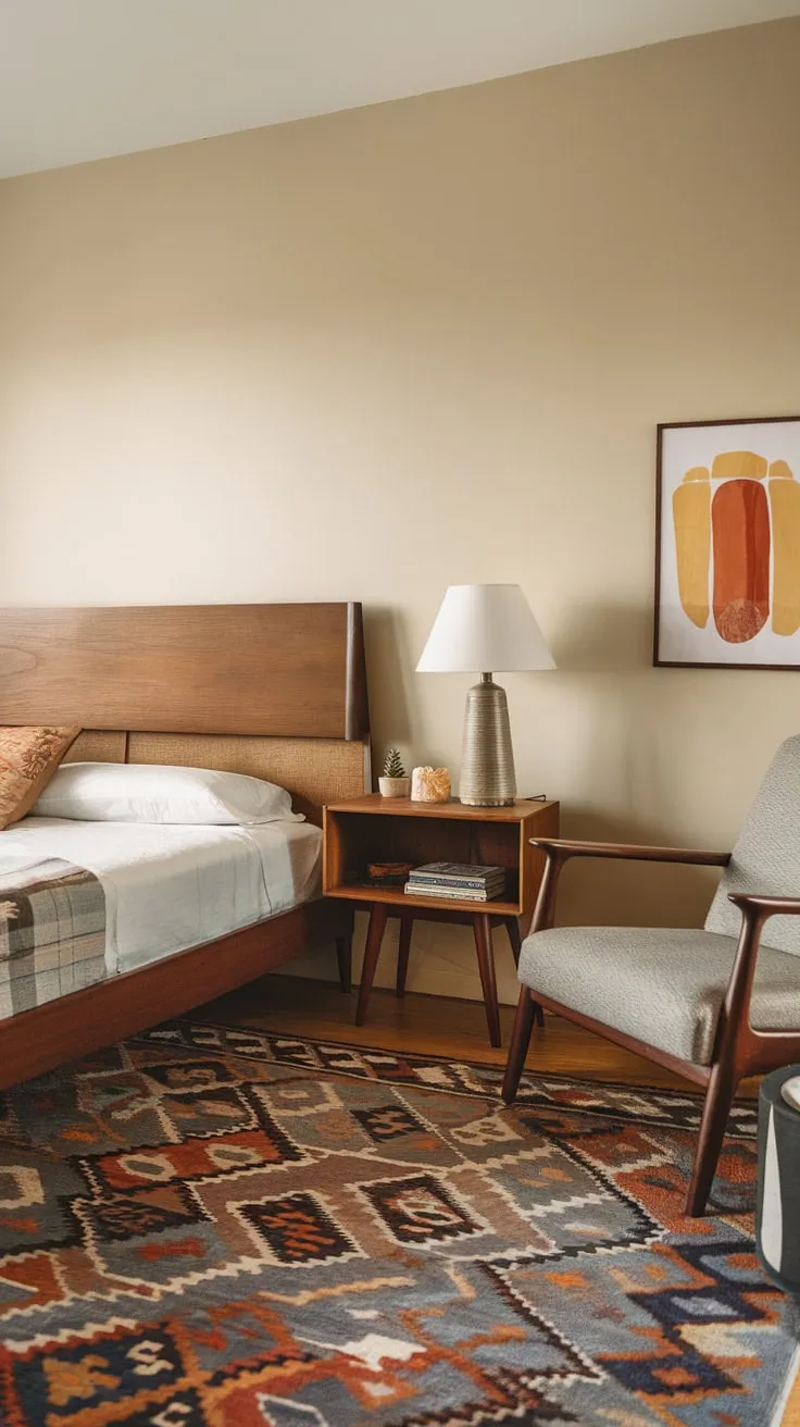 A minimalist mid-century modern bedroom, featuring a wooden headboard and patterned rug, exudes calm sophistication.