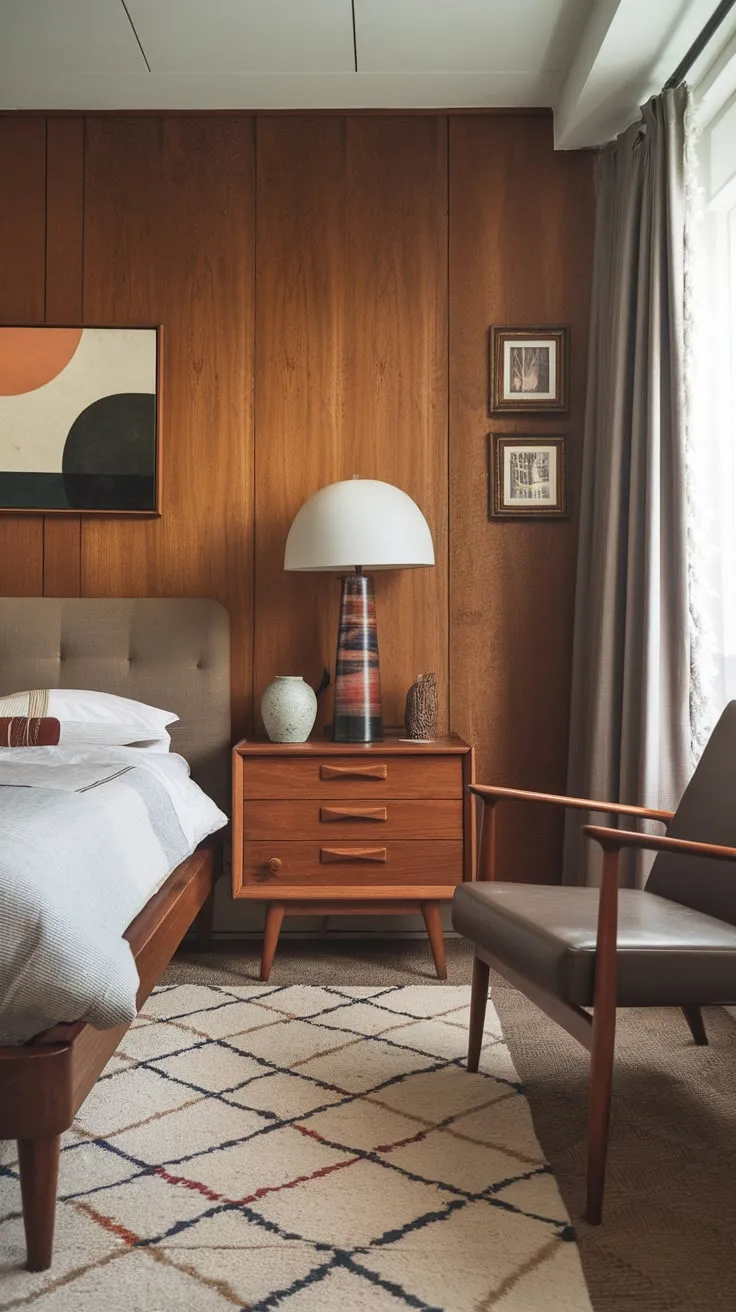 Mid-century modern design reigns supreme in this London bedroom, showcasing a cohesive aesthetic through furniture, artwork, and accessories.
