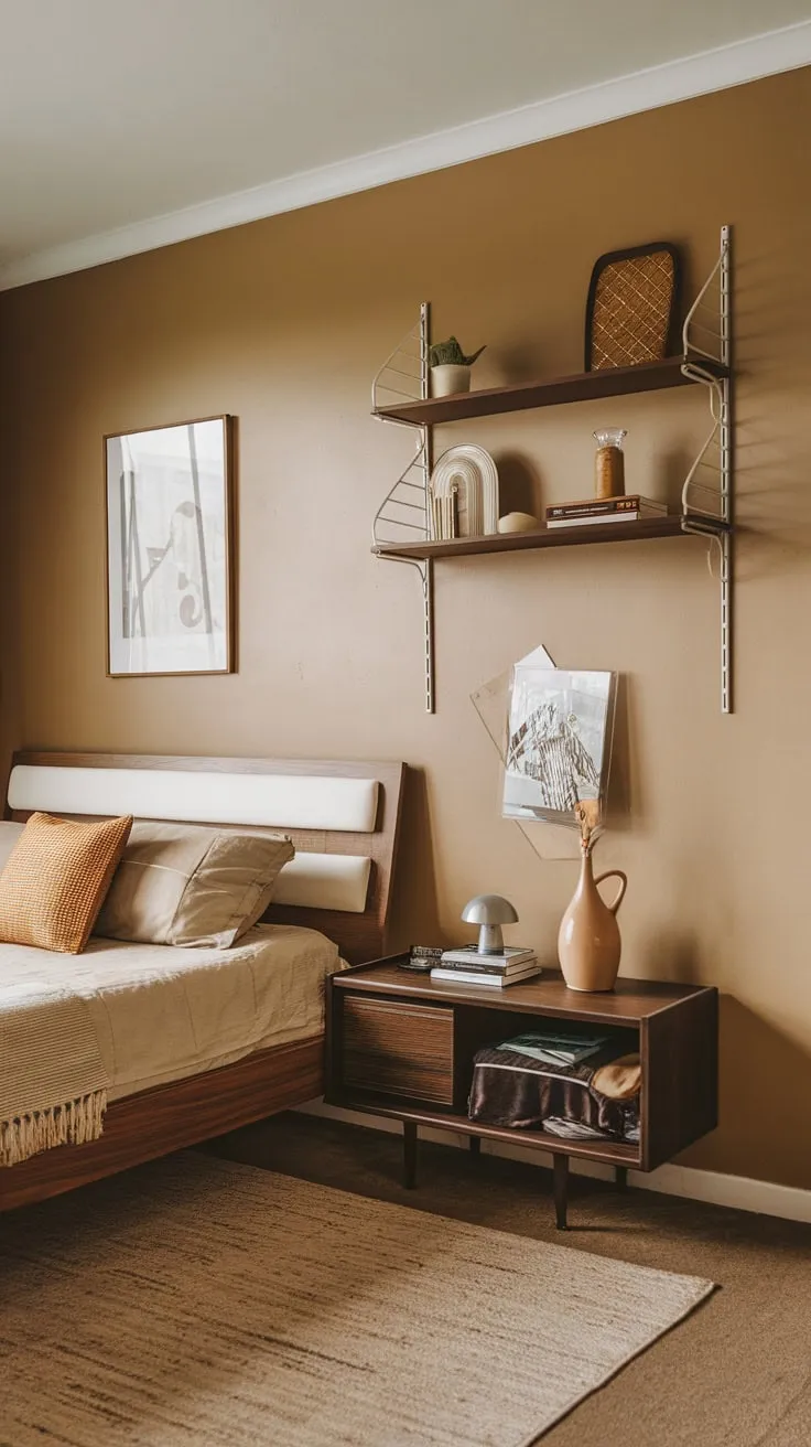 Beige walls and mid-century modern furniture create a dreamy 1950s bedroom aesthetic