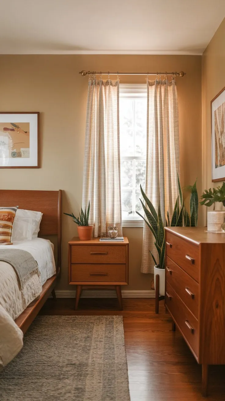 A mid-century bedroom's rich wood furniture and simple elegance create a tranquil retreat.