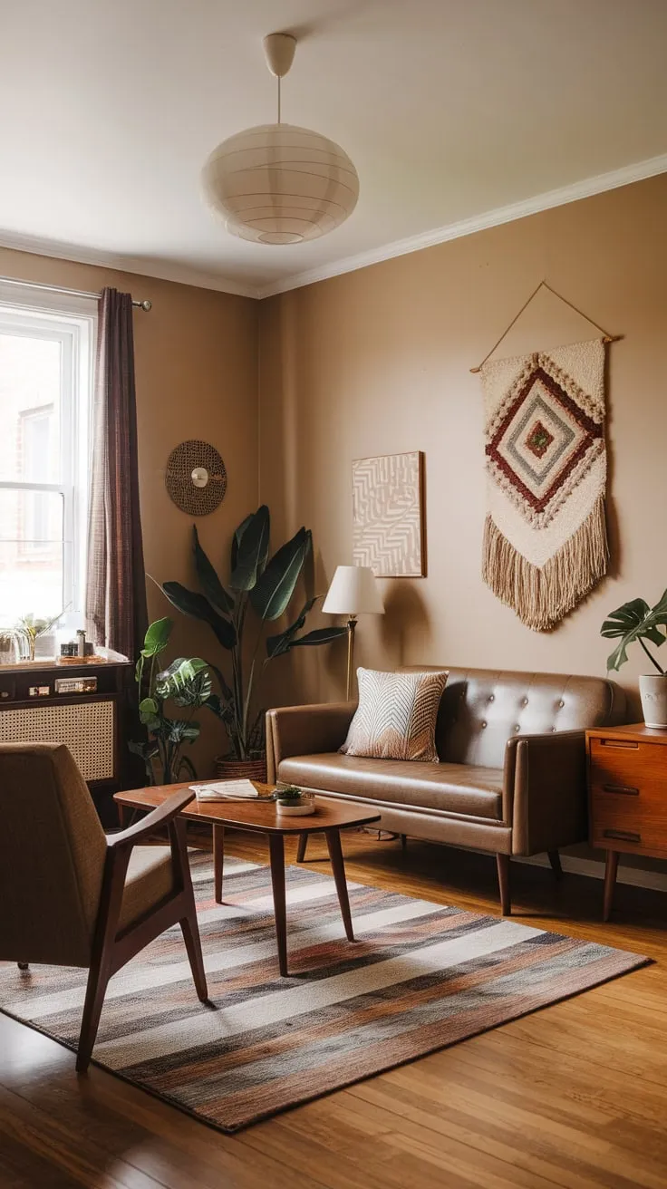 A beige-walled mid-century bedroom evokes a 1950s London apartment, blending functional design with iconic furniture and playful patterns.