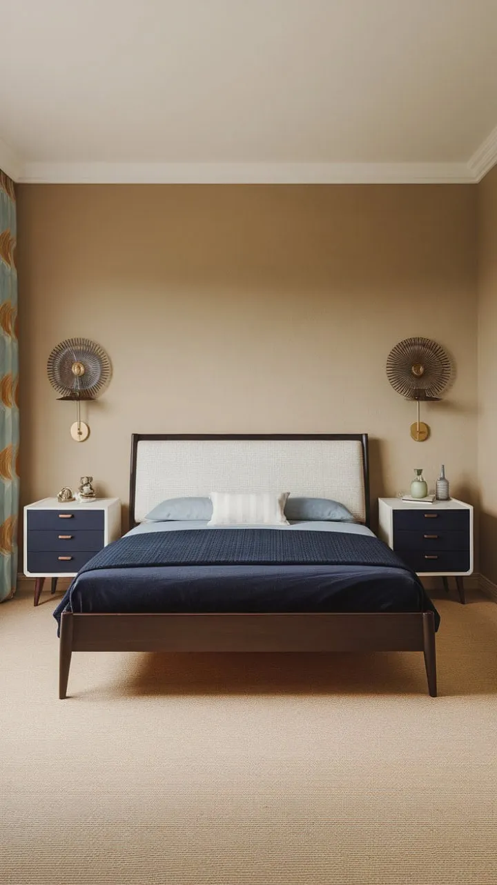 This mid-century modern sanctuary, with its navy blue accents and warm beige walls, elegantly captures the timeless sophistication of a 1950s dream apartment.