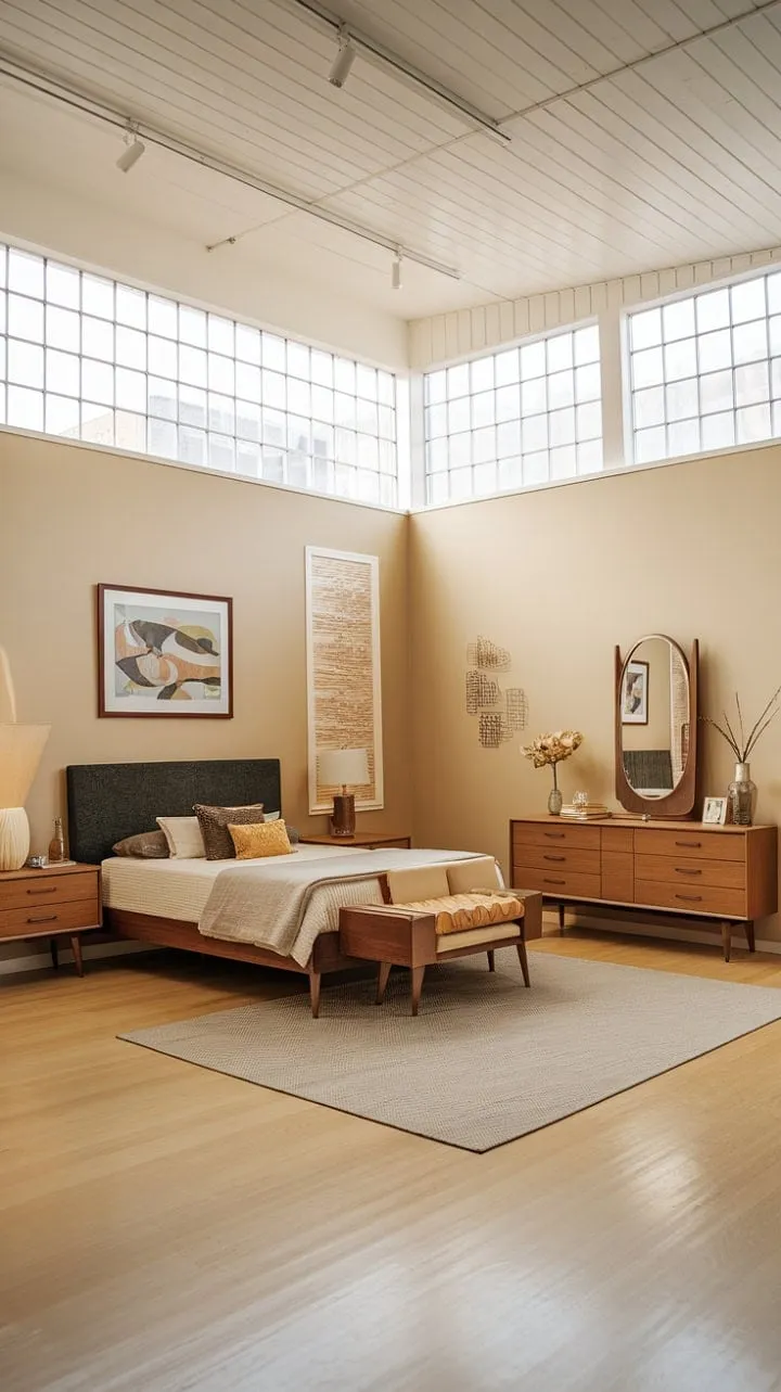 Bathed in sunlight, this mid-century modern sanctuary blends clean lines with natural warmth, offering a serene retreat for restful nights and inspired mornings.