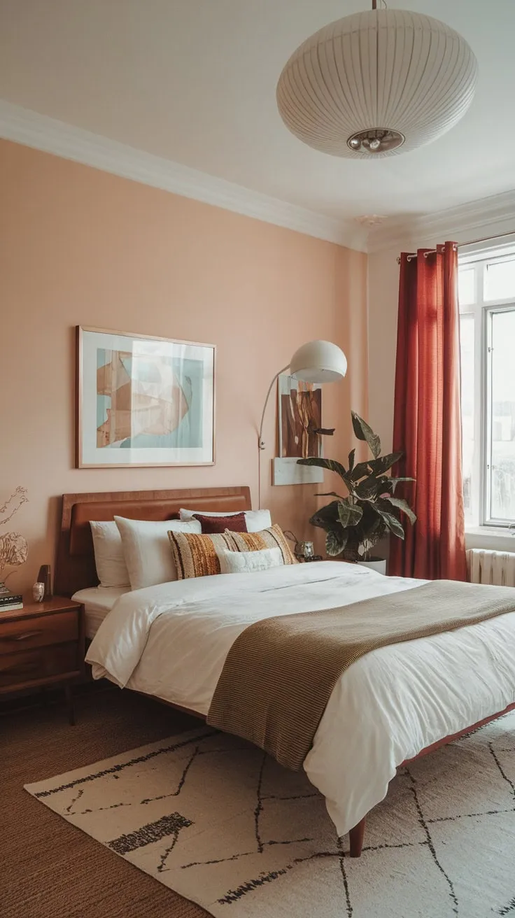 Step into a dreamy mid-century modern bedroom, blending 1950s style with a futuristic London apartment aesthetic