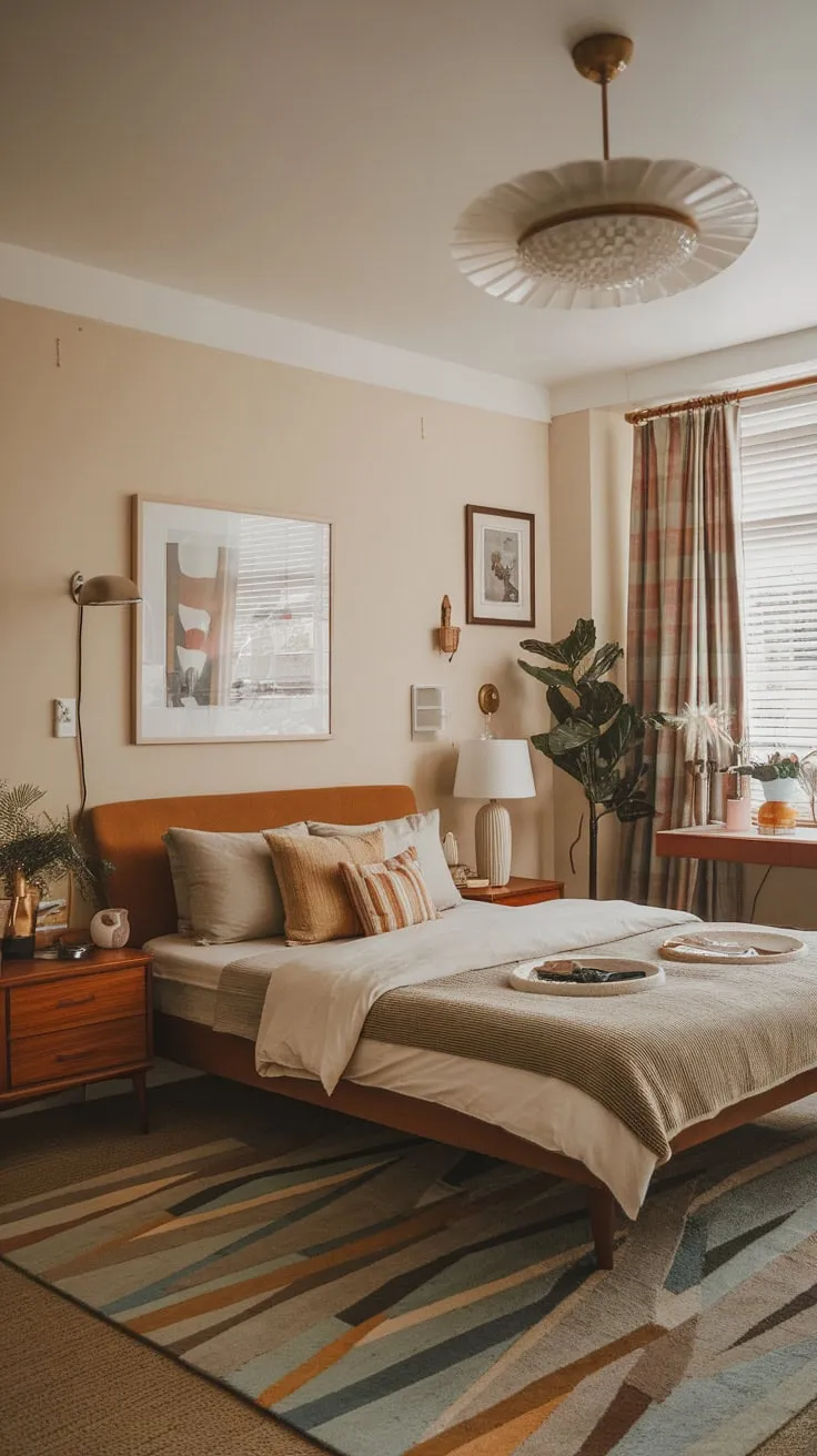 This mid-century bedroom evokes a sophisticated 1950s apartment aesthetic with a touch of futuristic design.
