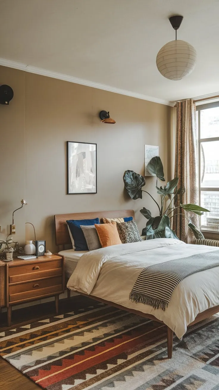 A mid-century dream apartment awaits, showcasing a retro London vibe in a futuristic deco studio bedroom.