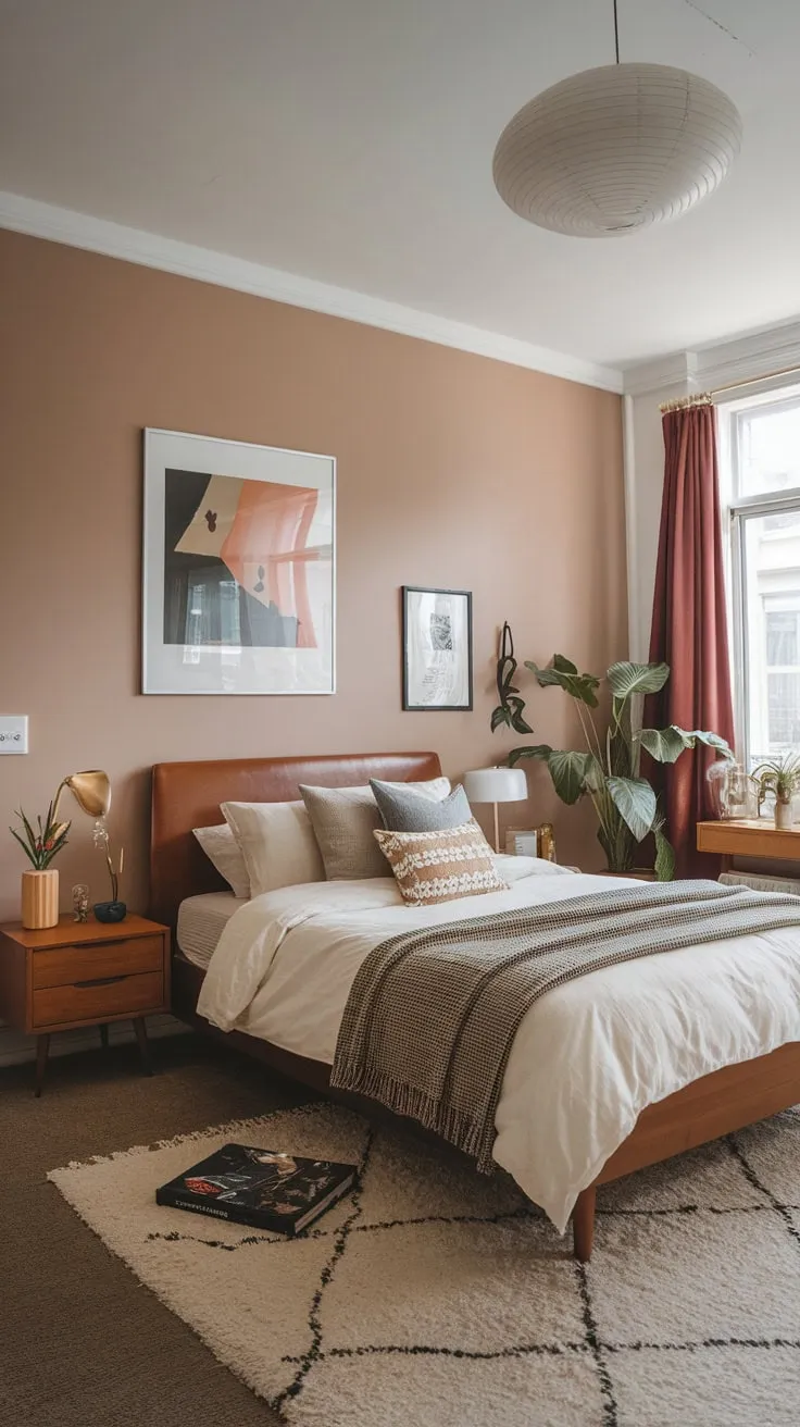 Step into a dreamy mid-century London bedroom, blending 1950s style with a futuristic deco aesthetic
