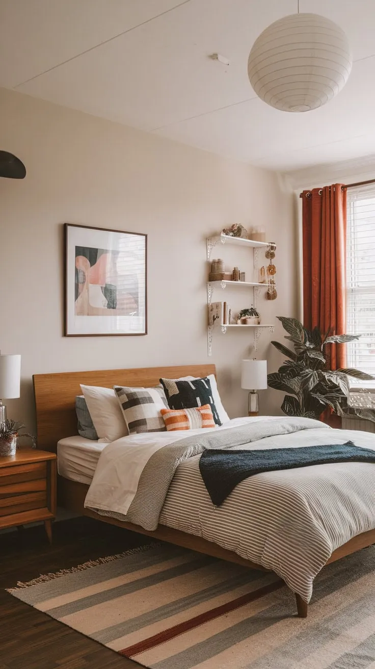 Step into a dreamy mid-century modern bedroom, a stylish blend of 1950s and futuristic design