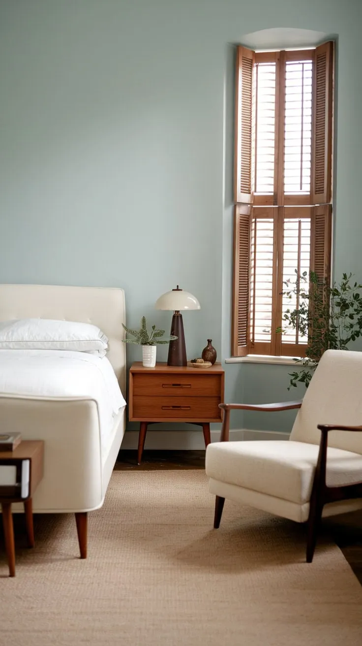 Soft blue walls and mid-century modern furniture create a serene bedroom haven.