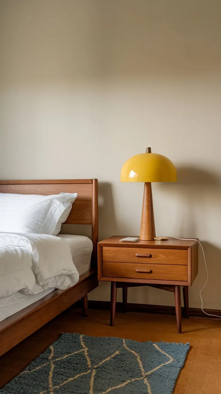 Beige walls, a white bed, and pops of yellow and blue create a serene mid-century modern bedroom haven