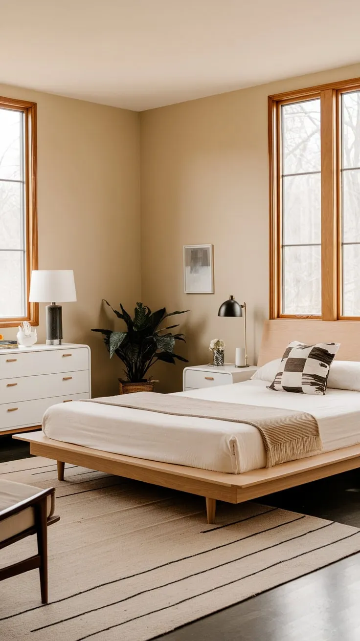 A light wood platform bed and simple furnishings create a calming mid-century modern sanctuary.