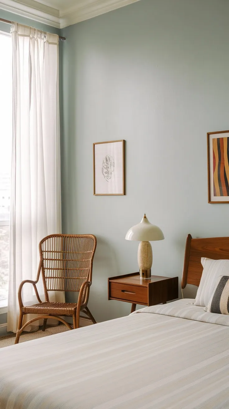 A bright, airy mid-century modern bedroom features a wooden headboard bed, rattan chair, and vintage lamp, bathed in natural light.