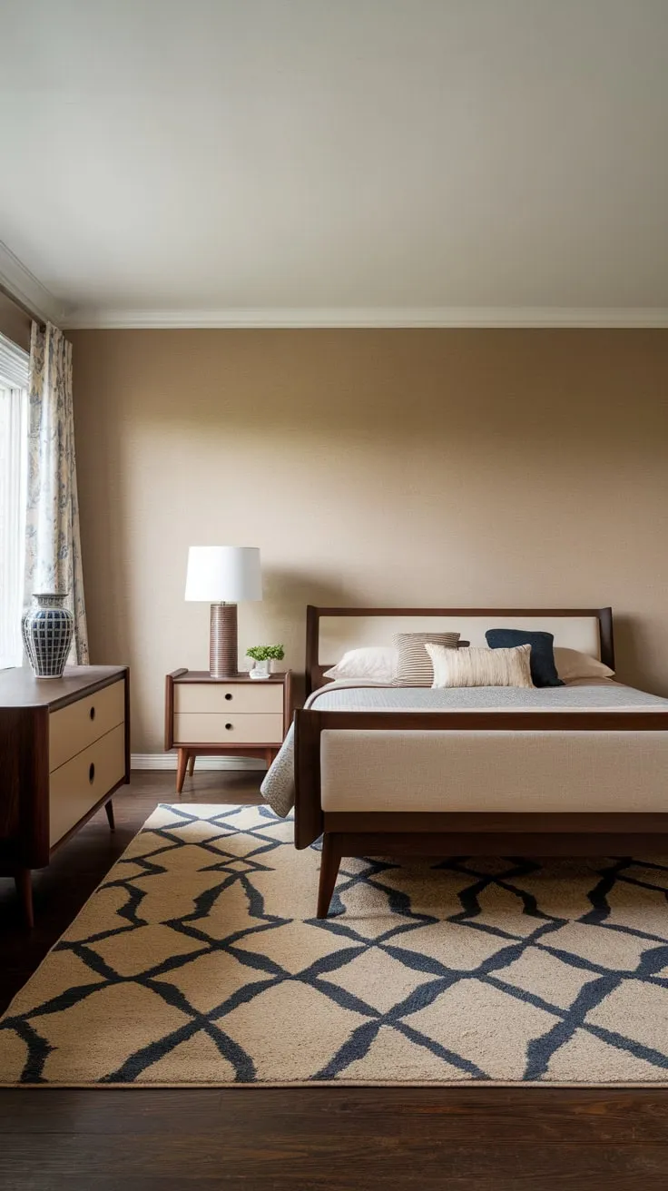 A mid-century modern bedroom's beige walls and dark wood floors are complemented by stylish furniture and a soft, inviting ambiance.