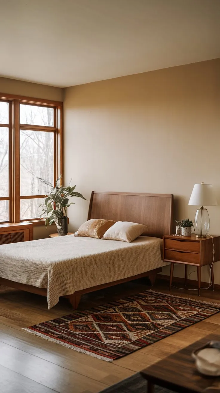 Warm natural light floods a calm mid-century modern bedroom, highlighted by a wooden bed and tasteful decor.