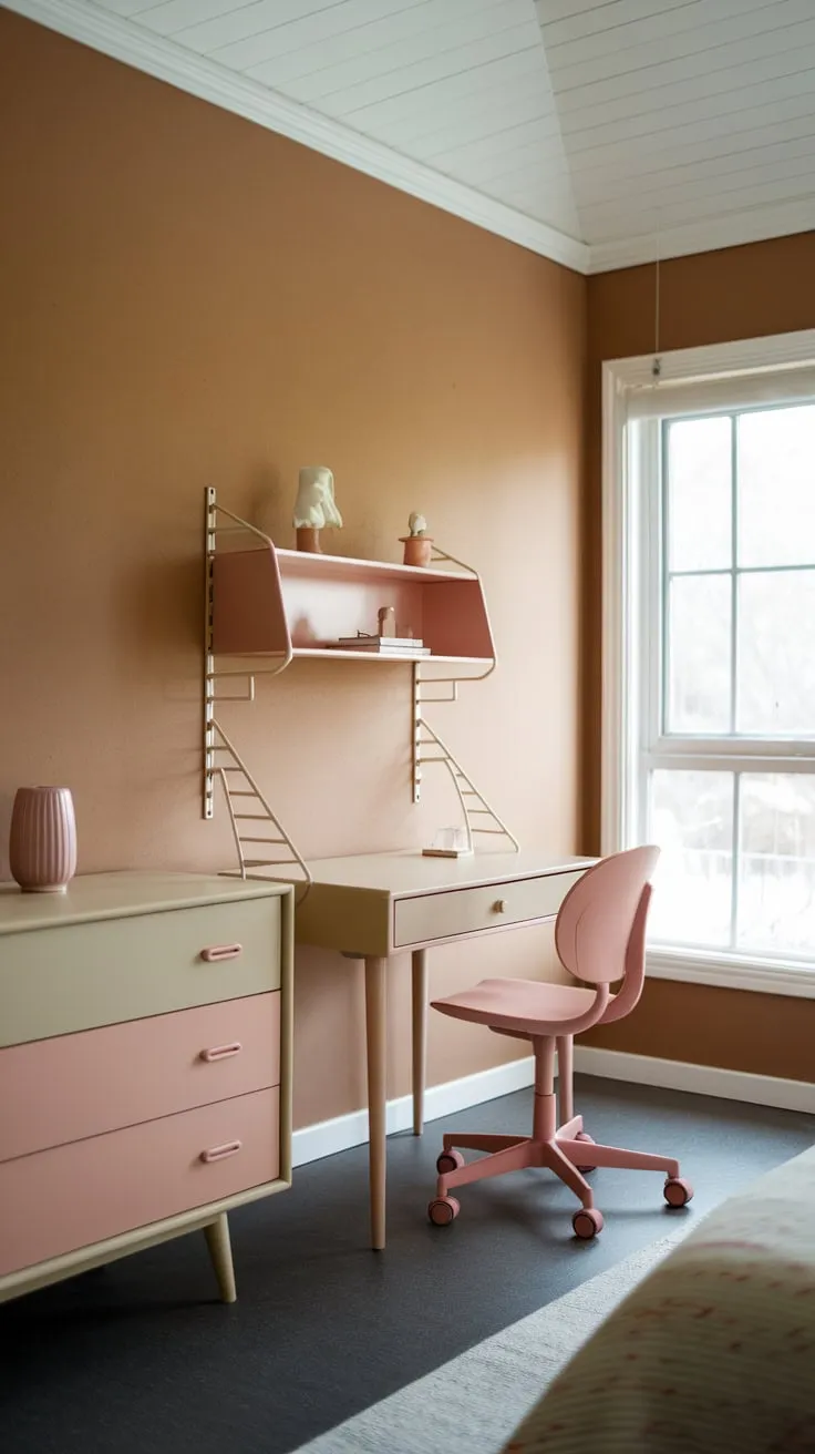 Warm beige walls and soft pink accents create a serene mid-century modern bedroom haven.