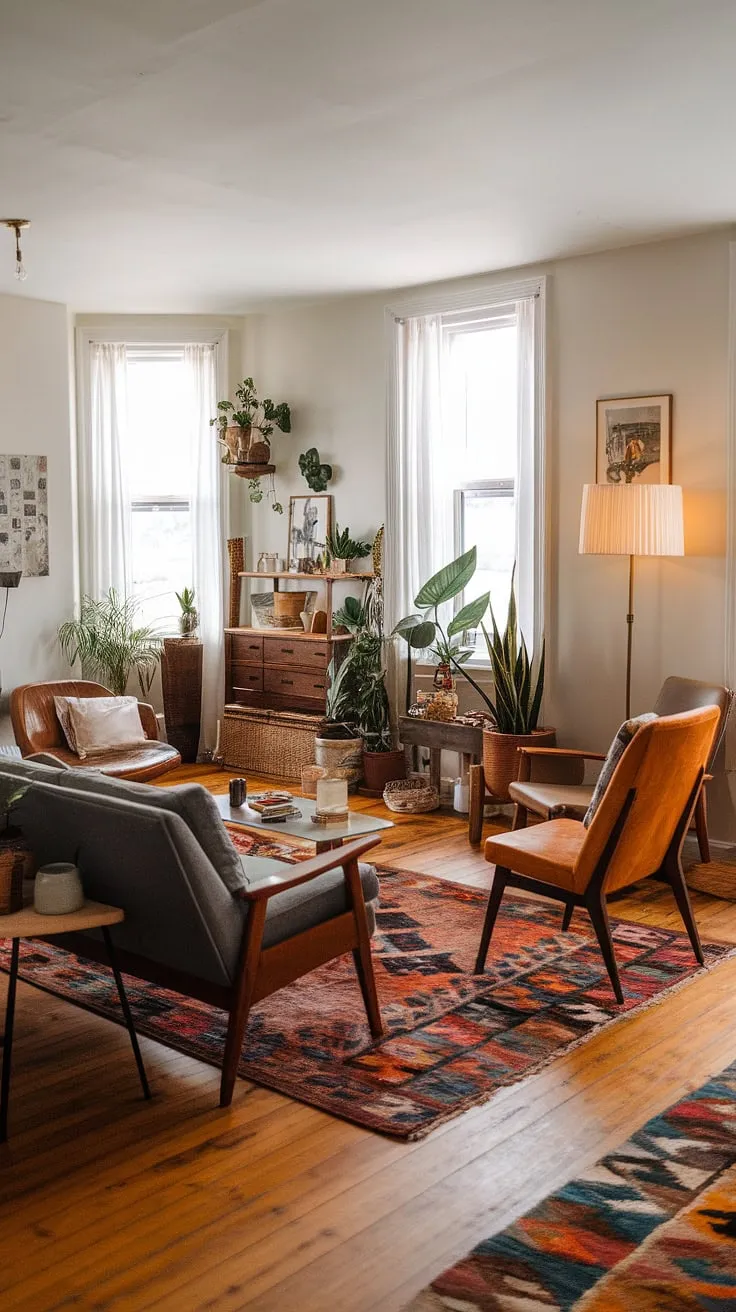 This mid-century modern living room, nestled within a modern farmhouse, is a testament to effortless style. The white walls provide a clean backdrop for the rich tones of the wooden floor, vintage rug, and comfortable seating. A sanctuary of calm and understated elegance, it's the perfect place to unwind and recharge.