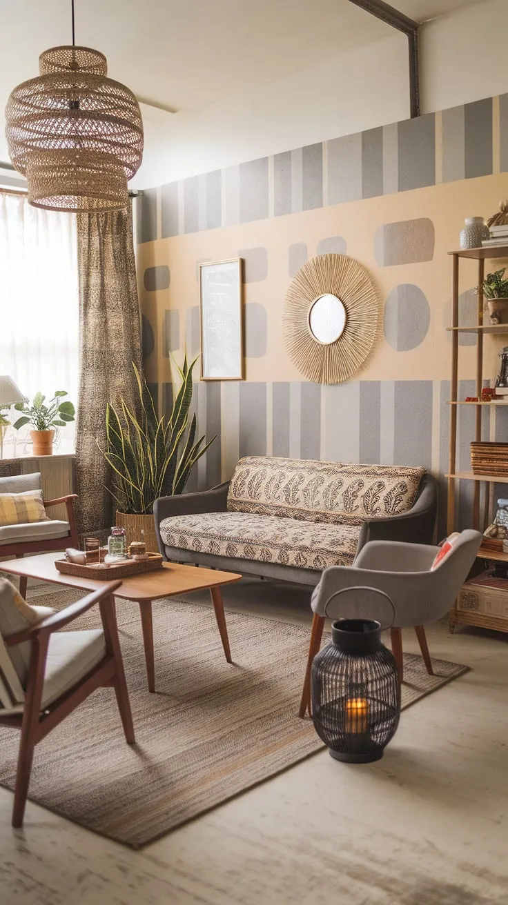 Warmth, texture, and a touch of mid-century magic define this living room. The blend of boho and modern farmhouse styles creates a space that's both inviting and effortlessly chic. A curated collection of plants, a patterned sofa, and the soft glow of a lantern complete the scene, making it a haven for relaxation and connection.