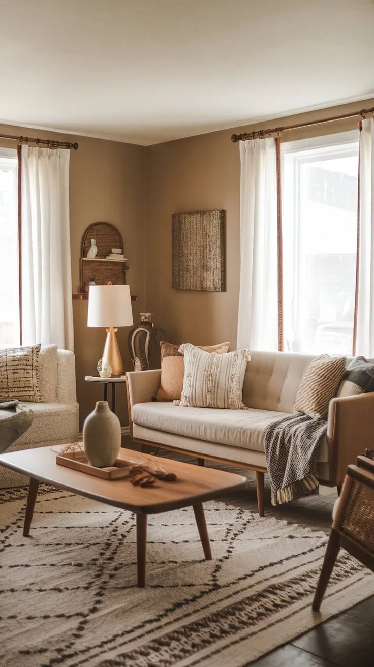 This mid-century modern farmhouse living room is the epitome of relaxed sophistication. The beige walls and sofa provide a calming backdrop for the vibrant textures and patterns, creating a space that feels both inviting and effortlessly chic. A haven for quiet contemplation and comfortable gatherings.