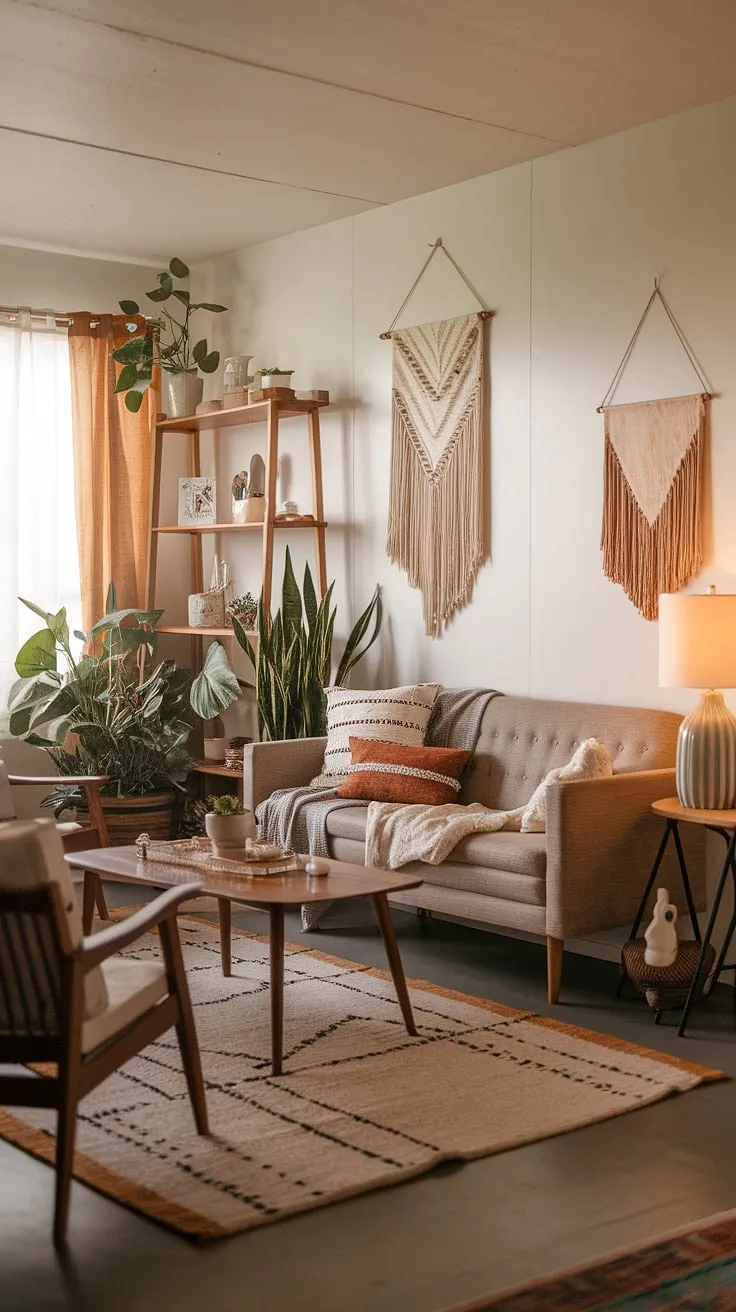 This modern farmhouse living room seamlessly blends mid-century boho style with a cozy, lived-in feel. The natural light, eclectic decor, and comfortable seating create a welcoming atmosphere, perfect for relaxing and unwinding after a long day. A true sanctuary.