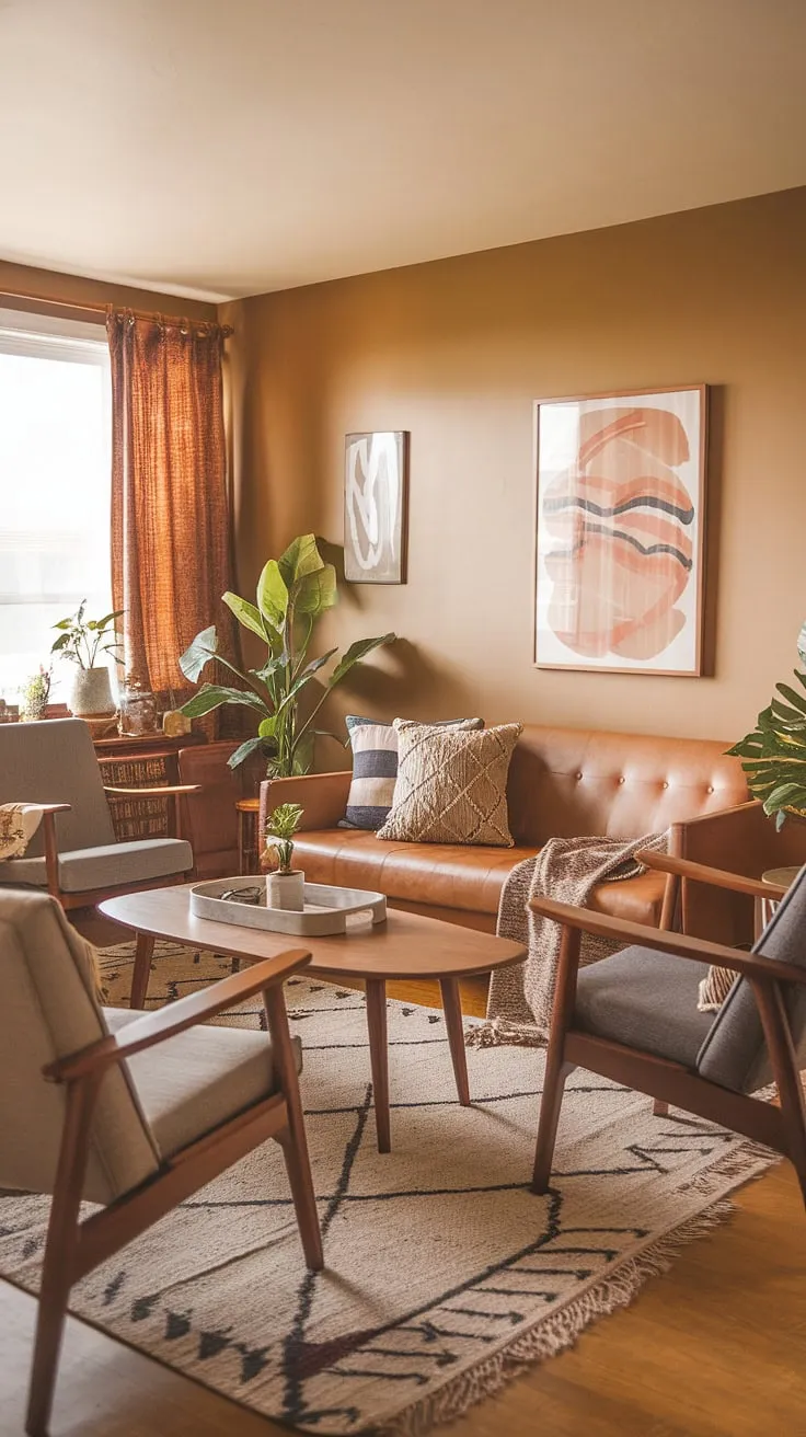 Warmth, comfort, and a touch of mid-century magic fill this boho-inspired living room. The soft lighting and natural textures create a haven of tranquility, perfect for unwinding after a long day. A curated collection of vintage finds and carefully chosen plants complete the effortlessly stylish space.