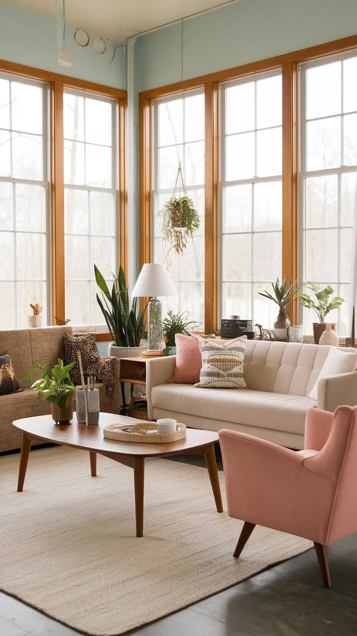 A serene sanctuary where mid-century modern meets farmhouse aesthetics. The soft beige palette is punctuated by a vibrant pink armchair, creating a visually appealing and comfortable space. Natural light floods the room, highlighting the beautiful textures and the carefully curated collection of plants and decorative items. It's the perfect blend of style and comfort.