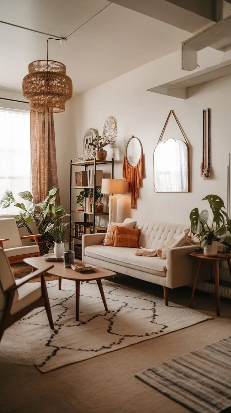 Mid-century modern meets farmhouse charm in this cozy living room. The warm beige sofa, complemented by eclectic accents and lush greenery, creates a space that's both stylish and inviting. A perfect blend of textures and tones makes this room a true sanctuary.