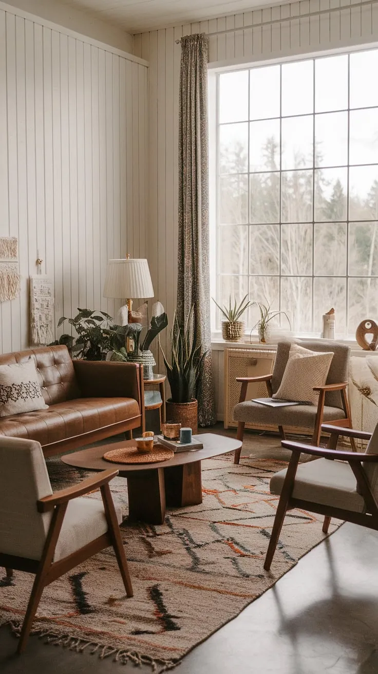 This boho-inspired living room seamlessly blends the warmth of a modern farmhouse with the sophisticated lines of mid-century design. Natural light floods the space, highlighting the rich textures and the calming effect of the greenery. A true sanctuary, it's a testament to the power of thoughtful design.