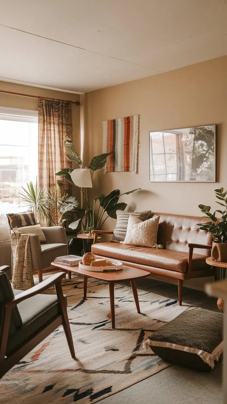 Sun-drenched afternoons and cozy evenings are made for this mid-century boho living room. The neutral walls, textured rug, and eclectic mix of furniture create a space that's both stylish and incredibly comfortable. A perfect blend of vintage charm and modern ease.