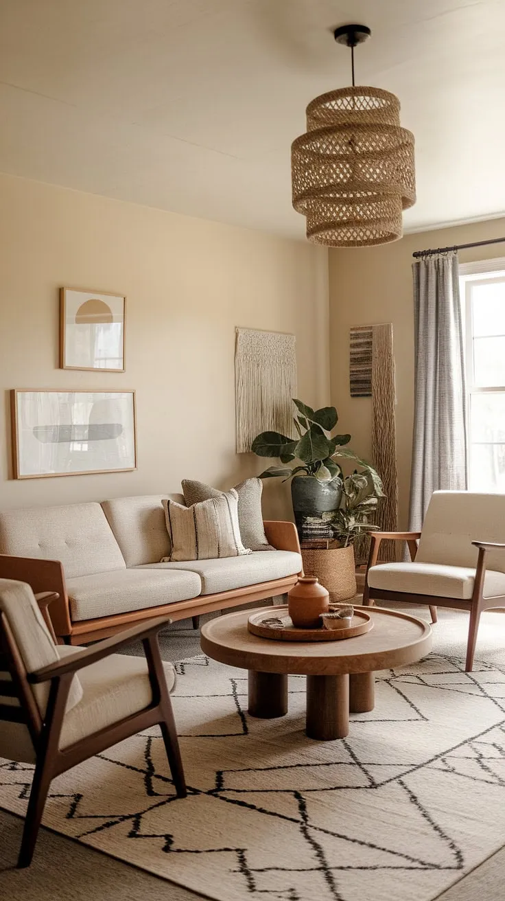 Cozy comfort meets mid-century modern in this boho-inspired living room. The neutral palette, woven textures, and carefully curated details create a space that's both stylish and inviting. A perfect blend of old and new, this room effortlessly balances relaxed vibes with sophisticated design.